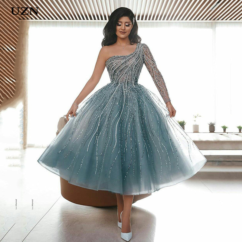 Blue Luxury crystal Evening Dress Ball Gowns Saudi Arabia Tea-length One Shoulder Middle East Party Dress Evening Gowns